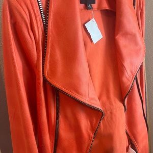 Cute spring color! Long coral jacket, length just below knee. Never worn.